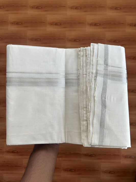 25% Discount ! KaithariKada Handloom Millpaav - Kerala Handloom - 100% Pure Cotton Off White (Unbleached) Double Mundu/Dhoti - 80x90 - 0.75 inch Silver Kasav striped Kara 3.60 mtr (8 Muzham) - 12 KK5383 RAM