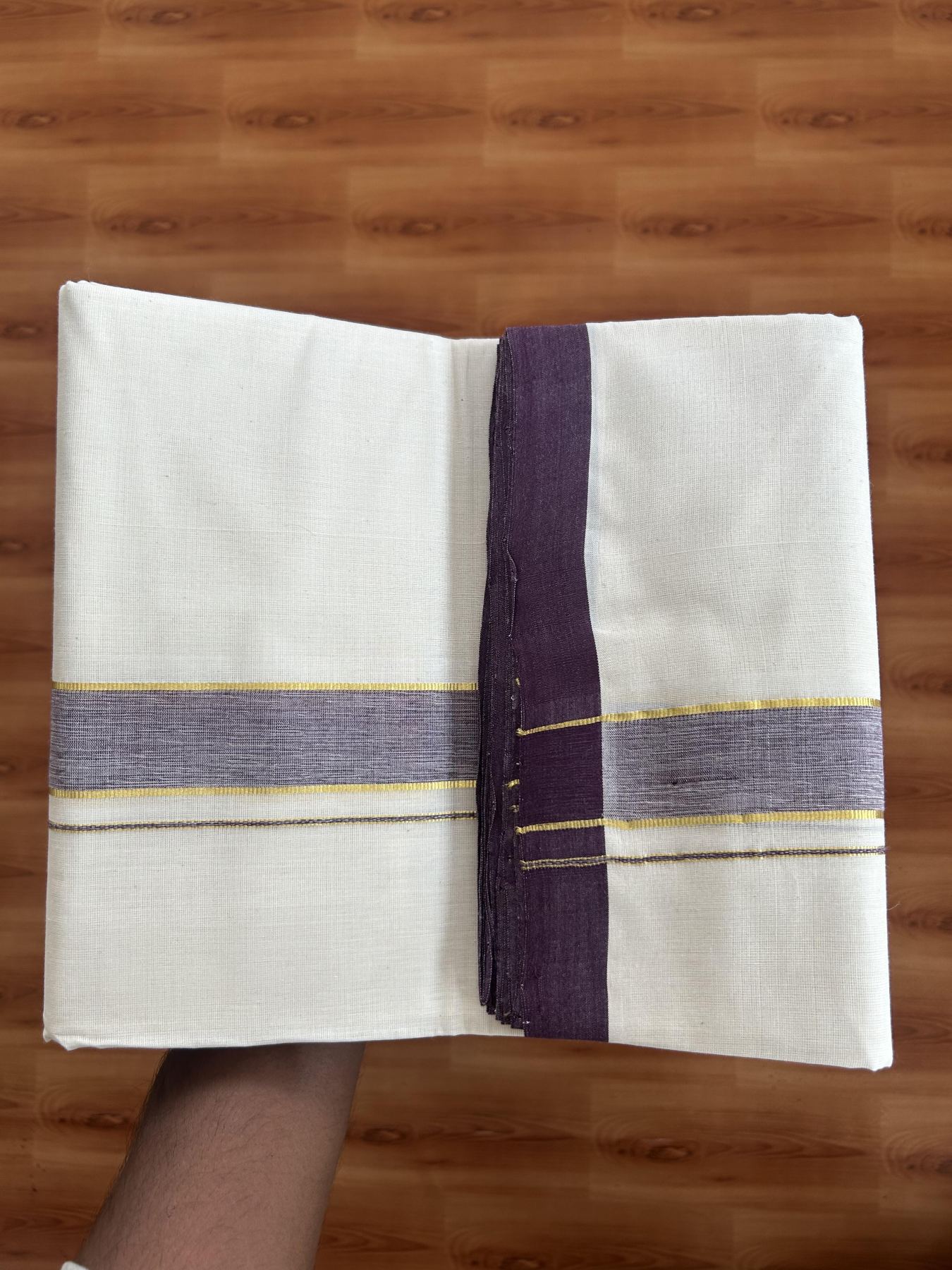 25% Discount! KaithariKada Handloom Millpaav - Kerala Handloom Cotton Double Mundu/Dhoti Off white (Unbleached) - 80x90 - 1.25 inch Gold Kasav & Wine Shaded Kara 3.60 meter (8 Muzham) - 10 KK5383 RAM