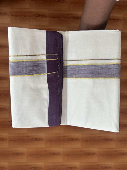 25% Discount! KaithariKada Handloom Millpaav - Kerala Handloom Cotton Double Mundu/Dhoti Off white (Unbleached) - 80x90 - 1.25 inch Gold Kasav & Wine Shaded Kara 3.60 meter (8 Muzham) - 10 KK5383 RAM