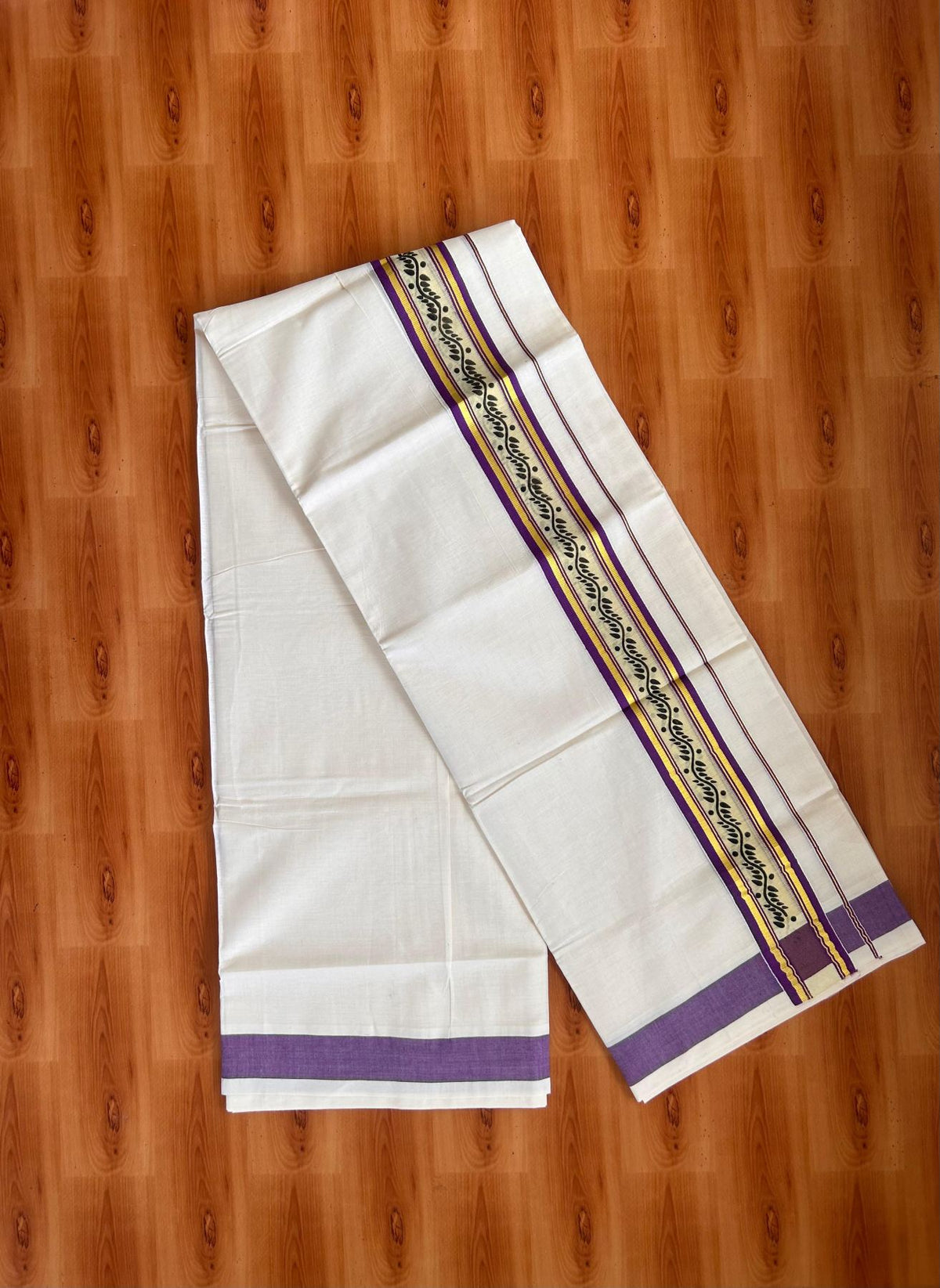 Off White (Unbleached) Double Mund/Dhoti - 20% Discount ! KaithariKada Mixed Cotton - 80x72 - 2.25 inch Purple & Gold Kasav Tissue Printed Design Kara 4 mtr (8.5 Muzham) - 27 KK5220 PMC