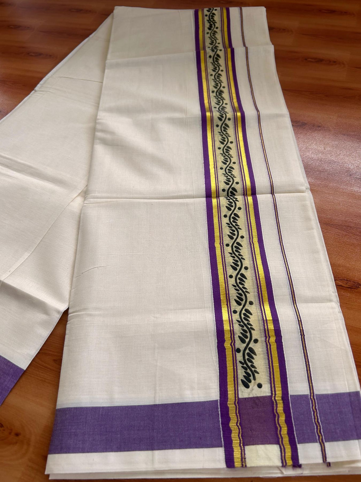 Off White (Unbleached) Double Mund/Dhoti - 20% Discount ! KaithariKada Mixed Cotton - 80x72 - 2.25 inch Purple & Gold Kasav Tissue Printed Design Kara 4 mtr (8.5 Muzham) - 27 KK5220 PMC