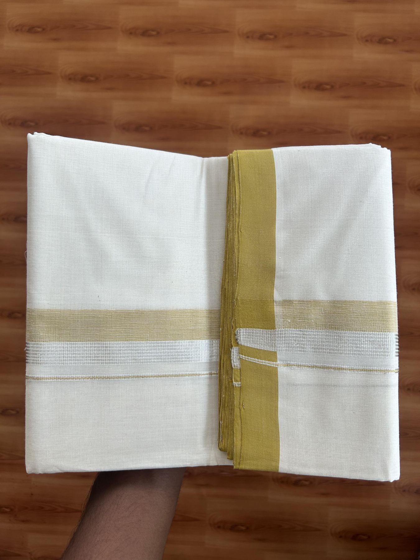 25% Discount! KaithariKada Handloom Millpaav - Kerala Handloom Cotton Double Mundu/Dhoti Off white (Unbleached) - 80x90 - 1.5 inch Silver Kasav & Mustard Shaded Stripes Kara 3.60 meter (8 Muzham) - 11 KK5383 RAM