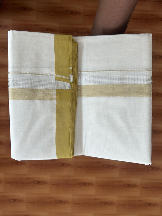 25% Discount! KaithariKada Handloom Millpaav - Kerala Handloom Cotton Double Mundu/Dhoti Off white (Unbleached) - 80x90 - 1.5 inch Silver Kasav & Mustard Shaded Stripes Kara 3.60 meter (8 Muzham) - 11 KK5383 RAM