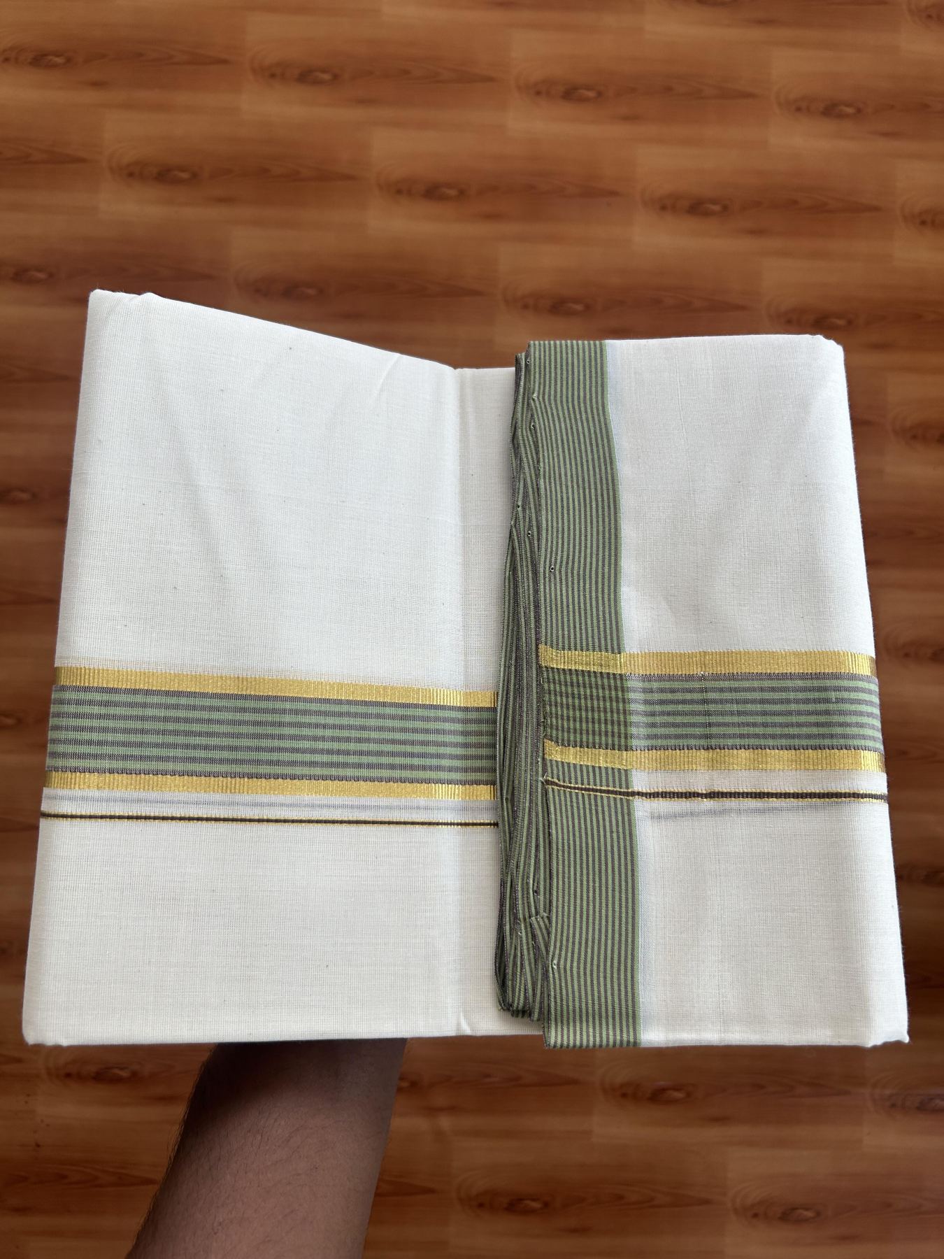 25% Discount! KaithariKada Handloom Millpaav - Kerala Handloom Cotton Double Mundu/Dhoti Off white (Unbleached) - 80x90 - 1.5 inch Gold Kasav Green & Brown shaded Stripes Kara 3.60 meter (8 Muzham) - 1 KK5383 RAM