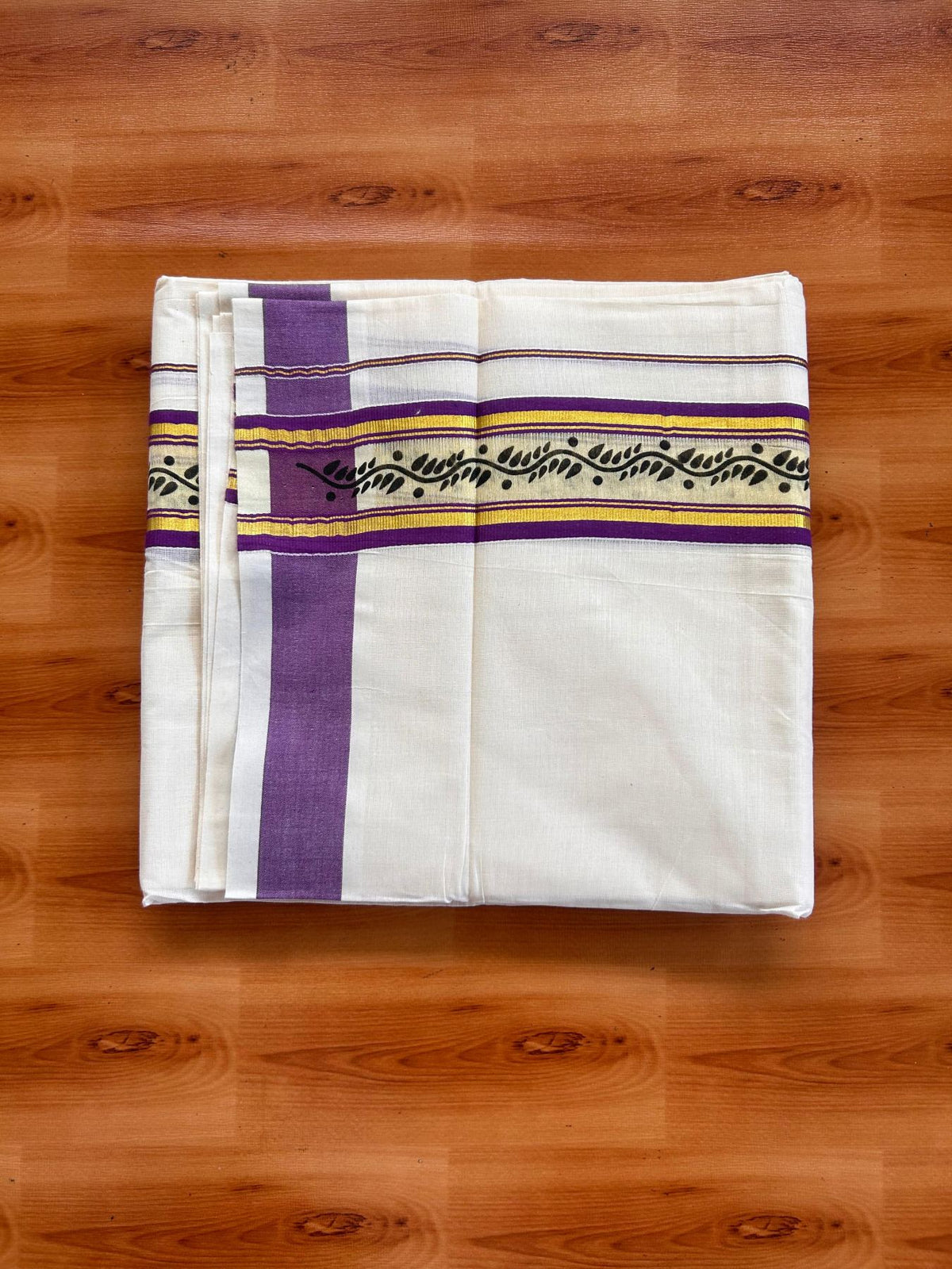Off White (Unbleached) Double Mund/Dhoti - 20% Discount ! KaithariKada Mixed Cotton - 80x72 - 2.25 inch Purple & Gold Kasav Tissue Printed Design Kara 4 mtr (8.5 Muzham) - 27 KK5220 PMC
