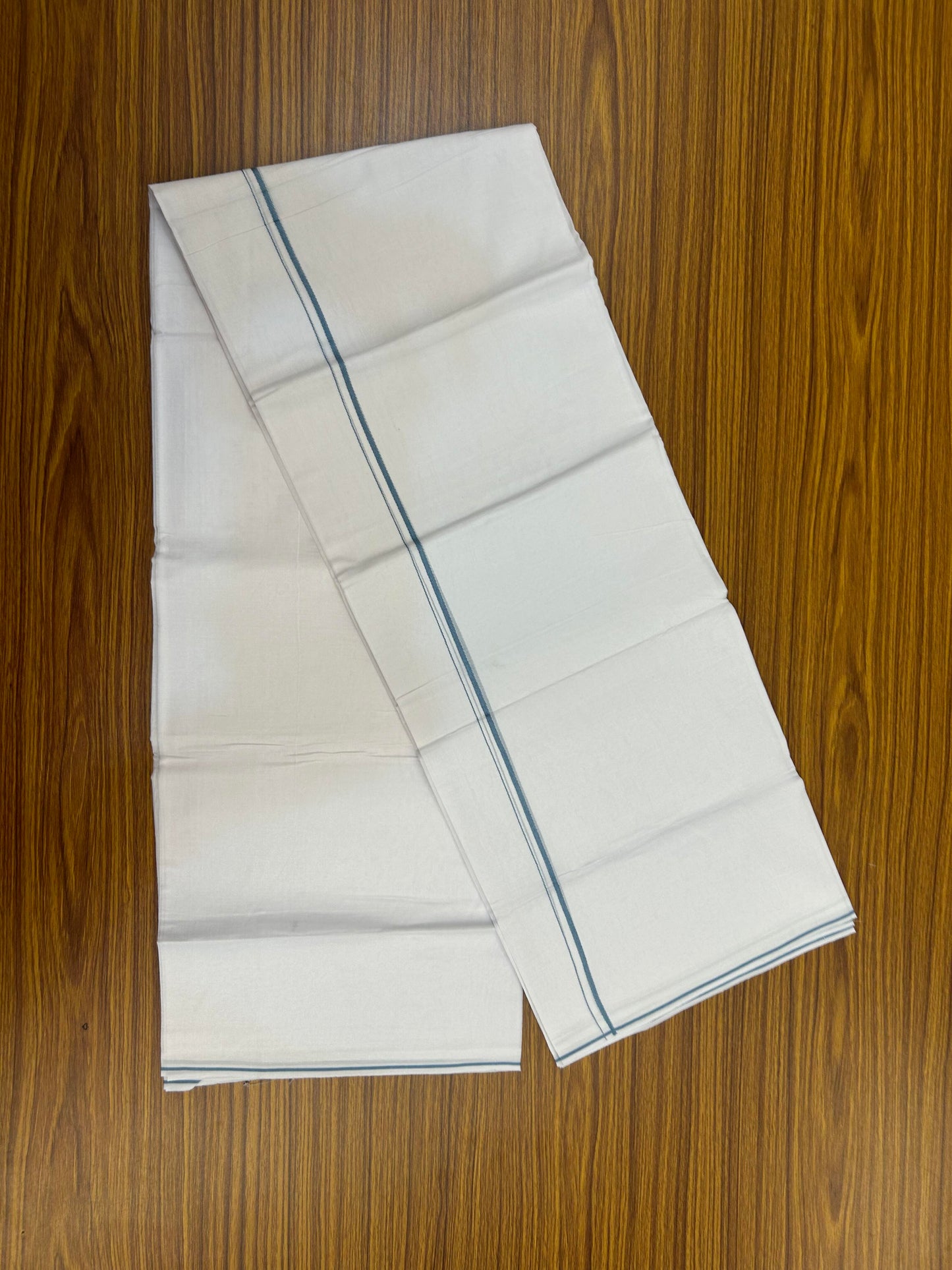 20% Discount!! New!! KaithariKada Balaramapuram 100% Cotton Pure White Double Mundu / Dhoti - (100x80)s - 0.25 inch Ash Blue Kara  - 88 KK5363 VIN