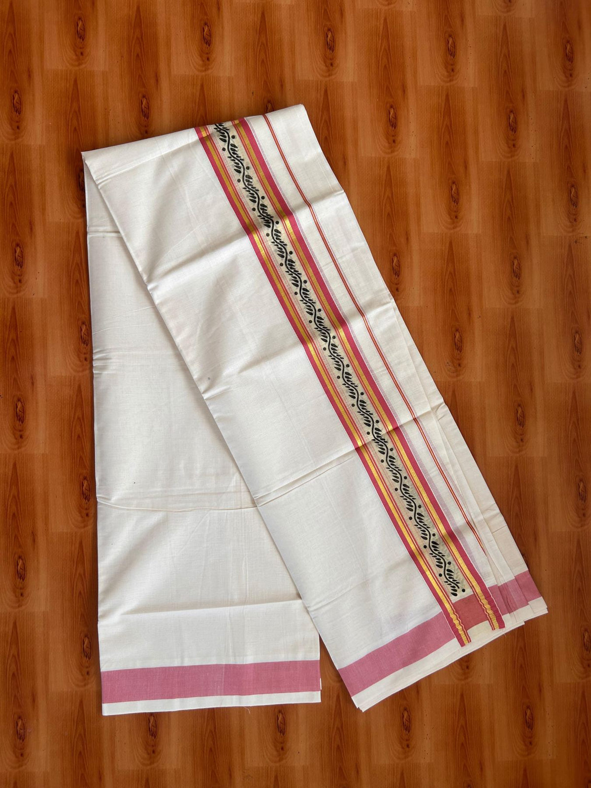 Off White (Unbleached) Double Mund/Dhoti - 20% Discount ! KaithariKada Mixed Cotton - 80x72 - 2.25 inch Pinkish Peach & Gold Kasav Tissue Printed Design Kara 4 mtr (8.5 Muzham) - 28 KK5220 PMC