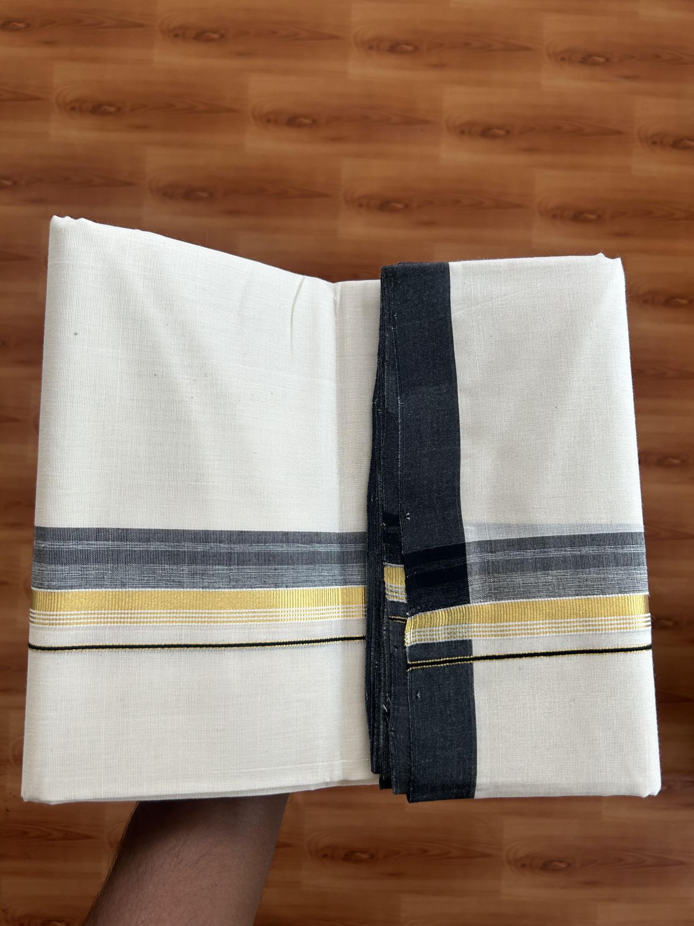 25% Discount! KaithariKada Handloom Millpaav - Kerala Handloom Cotton Double Mundu/Dhoti Off white (Unbleached) - 80x90 - 1.75 inch Gold Kasav & Black shaded Stripes Kara 3.60 meter (8 Muzham) - 5 KK5383 RAM