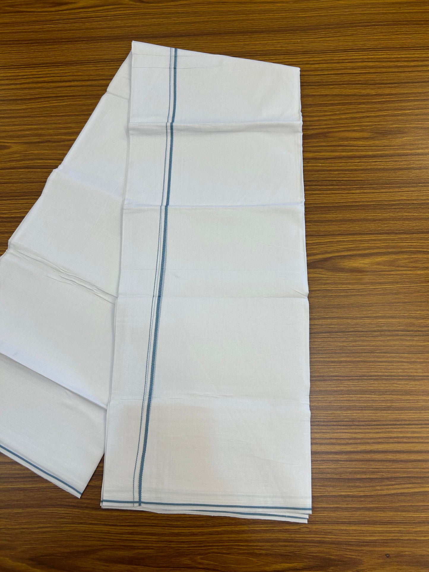 20% Discount!! New!! KaithariKada Balaramapuram 100% Cotton Pure White Double Mundu / Dhoti - (100x80)s - 0.25 inch Ash Blue Kara  - 88 KK5363 VIN