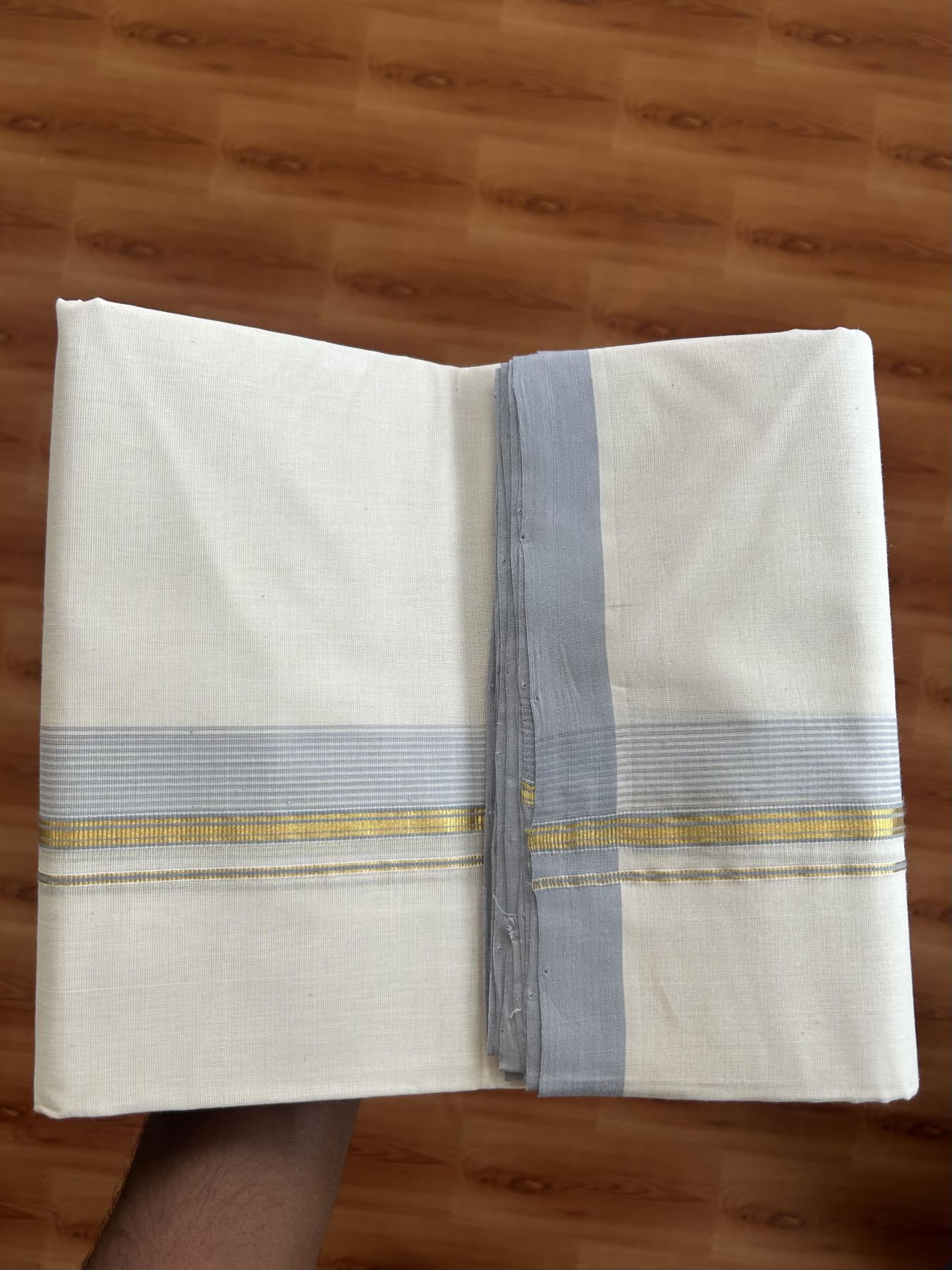 25% Discount! KaithariKada Handloom Millpaav - Kerala Handloom Cotton Double Mundu/Dhoti Off white (Unbleached) - 80x90 - 1.5 inch Gold Kasav & Lavender Grey shaded Stripes Kara 3.60 meter (8 Muzham) - 7 KK5383 RAM