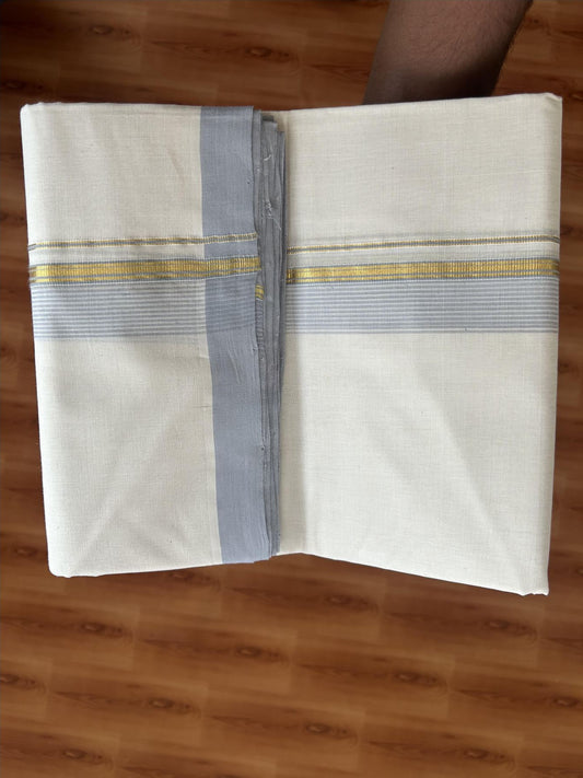 25% Discount! KaithariKada Handloom Millpaav - Kerala Handloom Cotton Double Mundu/Dhoti Off white (Unbleached) - 80x90 - 1.5 inch Gold Kasav & Lavender Grey shaded Stripes Kara 3.60 meter (8 Muzham) - 7 KK5383 RAM