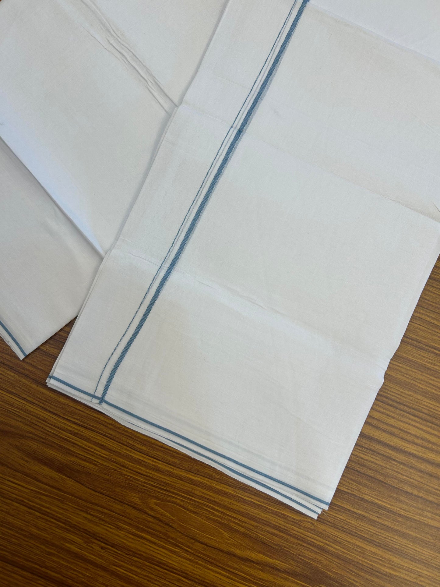 20% Discount!! New!! KaithariKada Balaramapuram 100% Cotton Pure White Double Mundu / Dhoti - (100x80)s - 0.25 inch Ash Blue Kara  - 88 KK5363 VIN