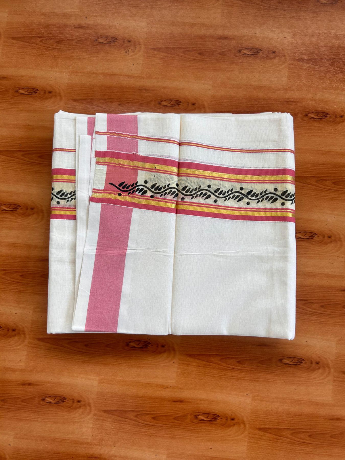 Off White (Unbleached) Double Mund/Dhoti - 20% Discount ! KaithariKada Mixed Cotton - 80x72 - 2.25 inch Pinkish Peach & Gold Kasav Tissue Printed Design Kara 4 mtr (8.5 Muzham) - 28 KK5220 PMC