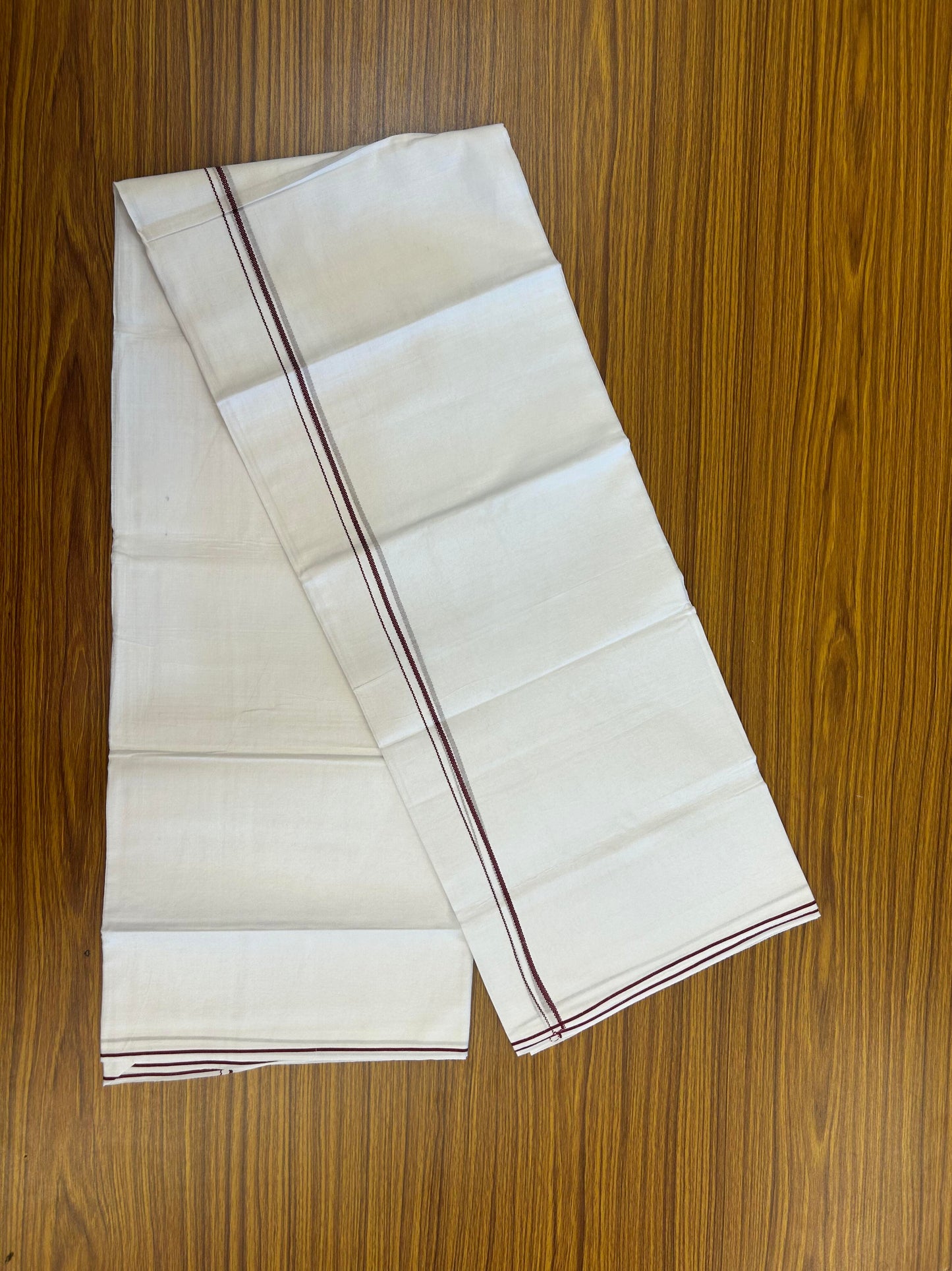 20% Discount!! New!! KaithariKada Balaramapuram 100% Cotton Pure White Double Mundu / Dhoti - (100x80)s - 0.25 inch Maroon Kara  - 91 KK5363 VIN
