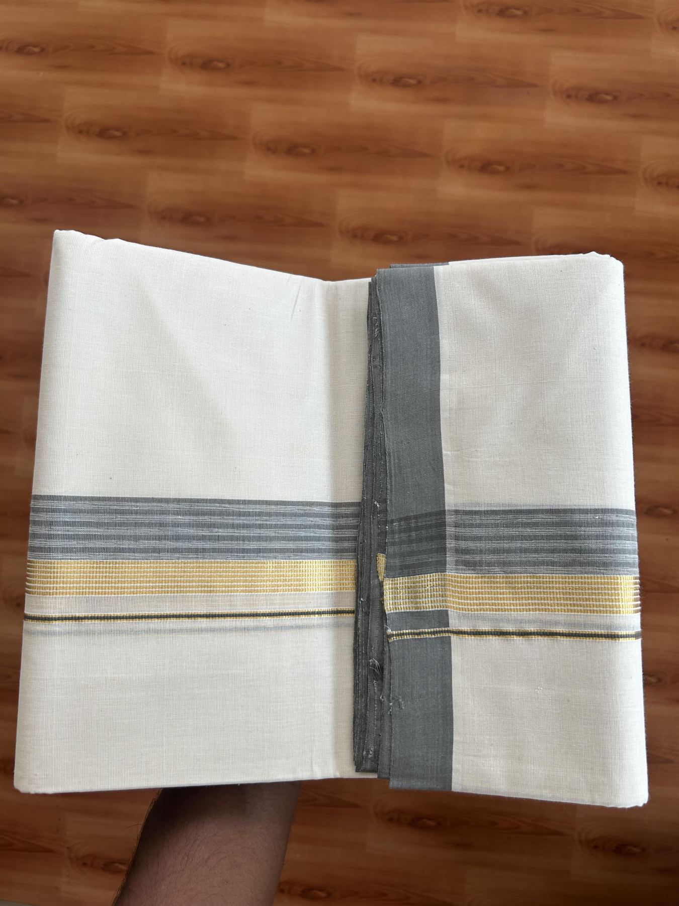 25% Discount! KaithariKada Handloom Millpaav - Kerala Handloom Cotton Double Mundu/Dhoti Off white (Unbleached) - 80x90 - 1.75 inch Gold Kasav & Grey shaded Stripes Kara 3.60 meter (8 Muzham) - 2 KK5383 RAM