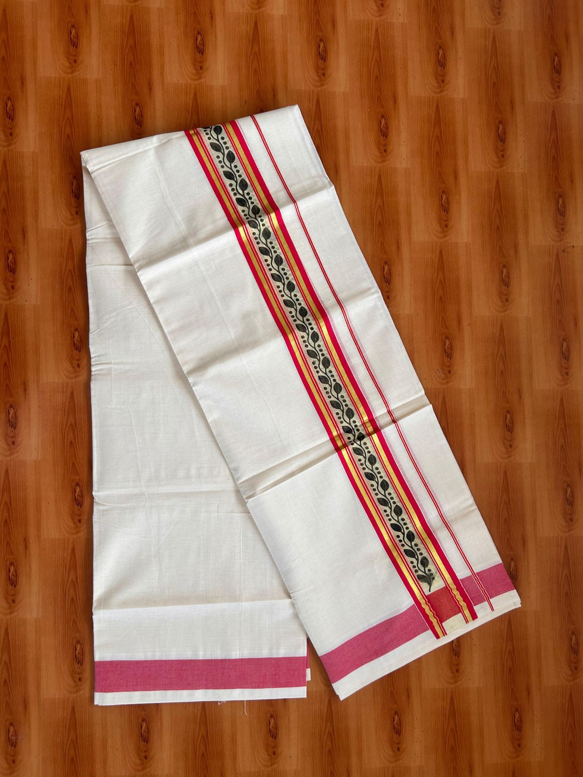 Off White (Unbleached) Double Mund/Dhoti - 20% Discount ! KaithariKada Mixed Cotton - 80x72 - 2.25 inch Pinkish Red & Gold Kasav Tissue Printed Design Kara 4 mtr (8.5 Muzham) - 29 KK5220 PMC