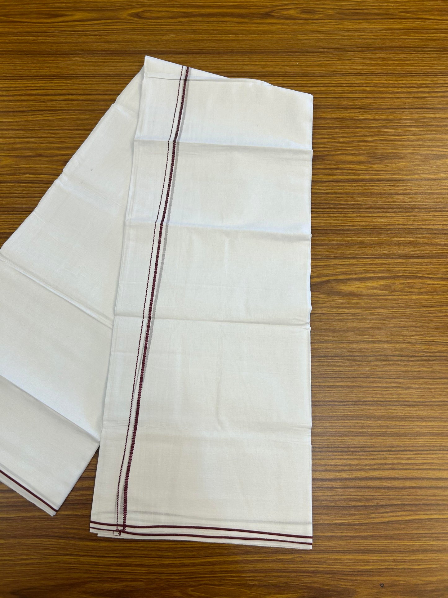 20% Discount!! New!! KaithariKada Balaramapuram 100% Cotton Pure White Double Mundu / Dhoti - (100x80)s - 0.25 inch Maroon Kara  - 91 KK5363 VIN