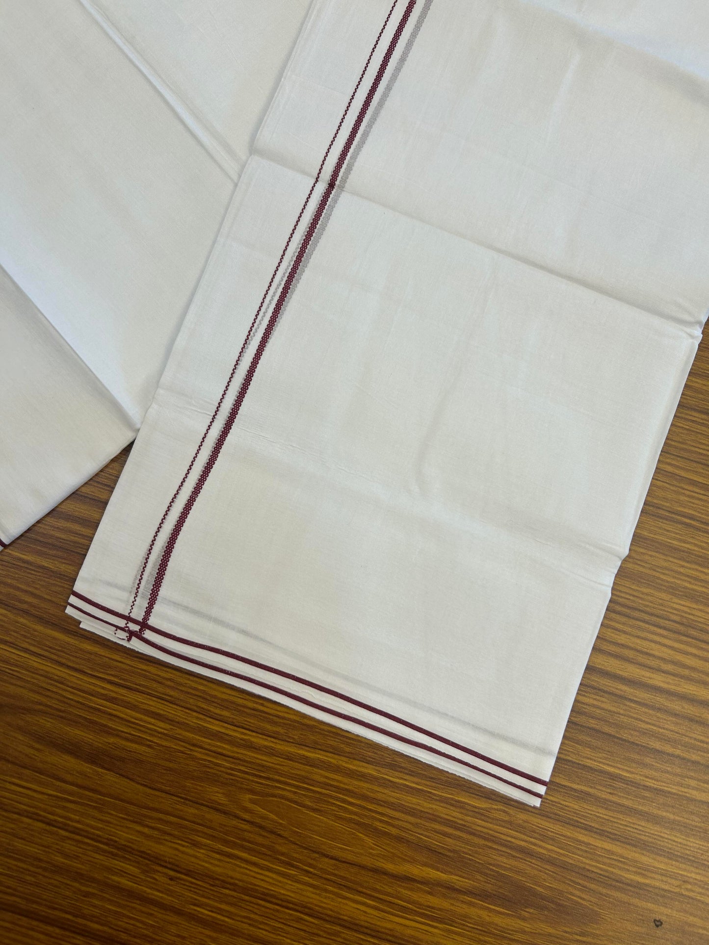 20% Discount!! New!! KaithariKada Balaramapuram 100% Cotton Pure White Double Mundu / Dhoti - (100x80)s - 0.25 inch Maroon Kara  - 91 KK5363 VIN