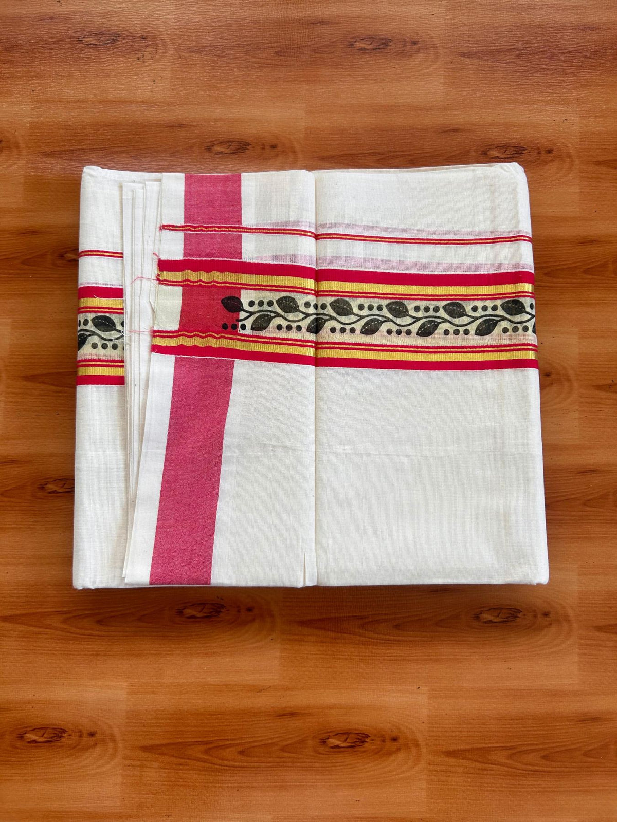 Off White (Unbleached) Double Mund/Dhoti - 20% Discount ! KaithariKada Mixed Cotton - 80x72 - 2.25 inch Pinkish Red & Gold Kasav Tissue Printed Design Kara 4 mtr (8.5 Muzham) - 29 KK5220 PMC