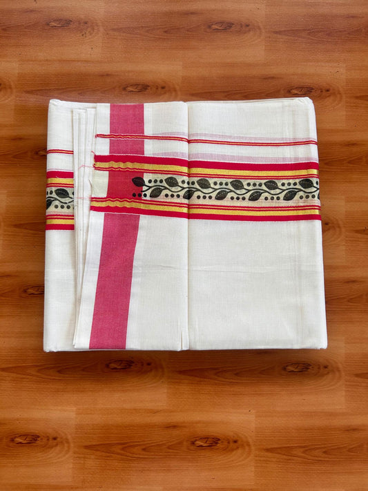 Off White (Unbleached) Double Mund/Dhoti - 20% Discount ! KaithariKada Mixed Cotton - 80x72 - 2.25 inch Pinkish Red & Gold Kasav Tissue Printed Design Kara 4 mtr (8.5 Muzham) - 29 KK5520 PMC