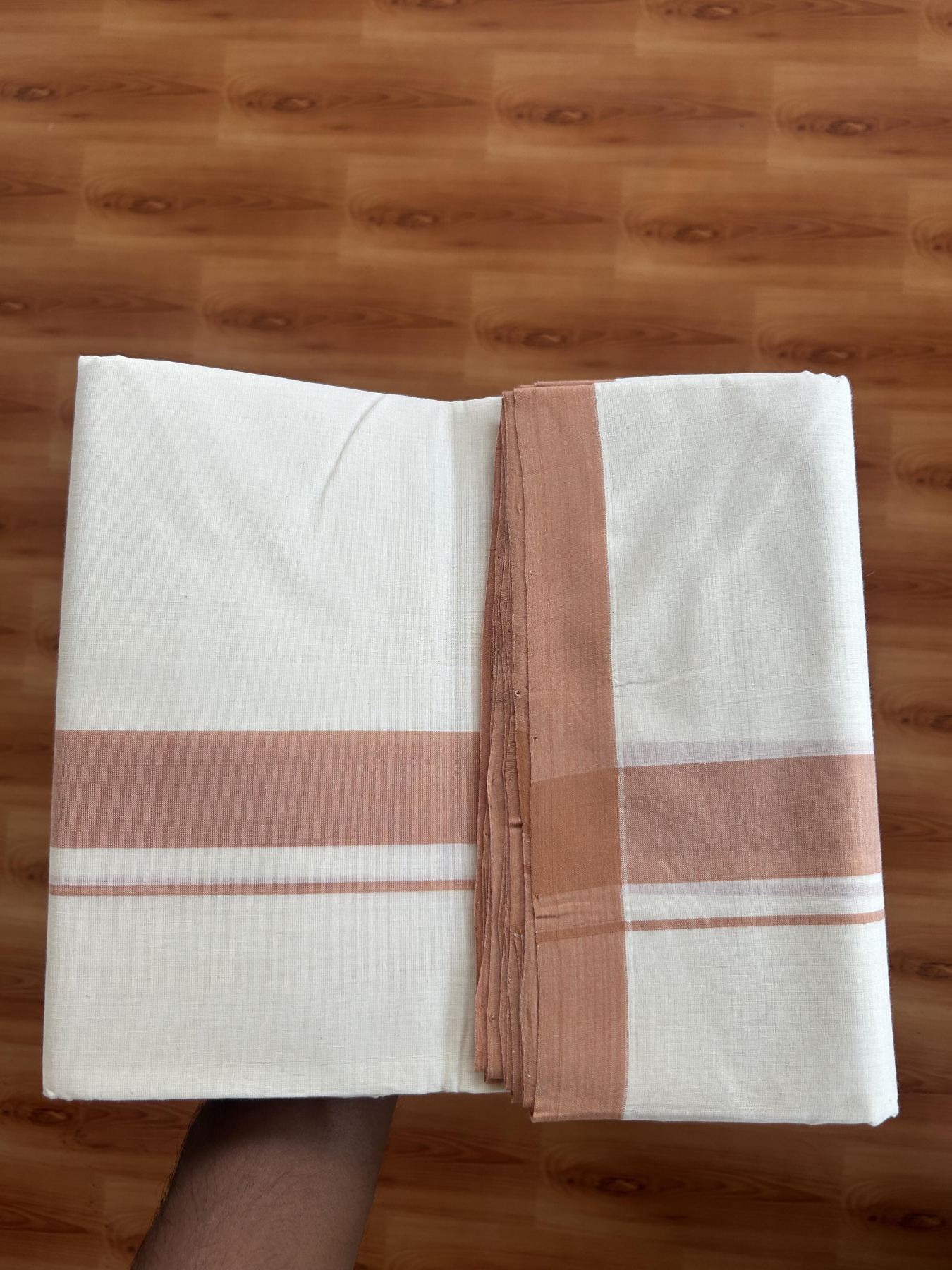 25% Discount! KaithariKada Handloom Millpaav - Kerala Handloom - Cotton Double Mundu/Dhoti Off white (Unbleached) - 80x90 - 1.25 inch Light Orange Brown Mulloth Kara 3.60 meter (8 Muzham) - 21 KK5383 RAM
