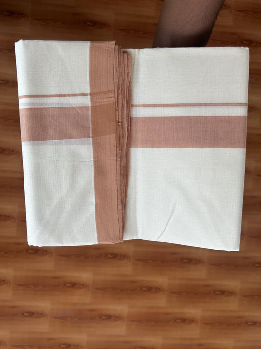 25% Discount! KaithariKada Handloom Millpaav - Kerala Handloom - Cotton Double Mundu/Dhoti Off white (Unbleached) - 80x90 - 1.25 inch Light Orange Brown Mulloth Kara 3.60 meter (8 Muzham) - 21 KK5383 RAM