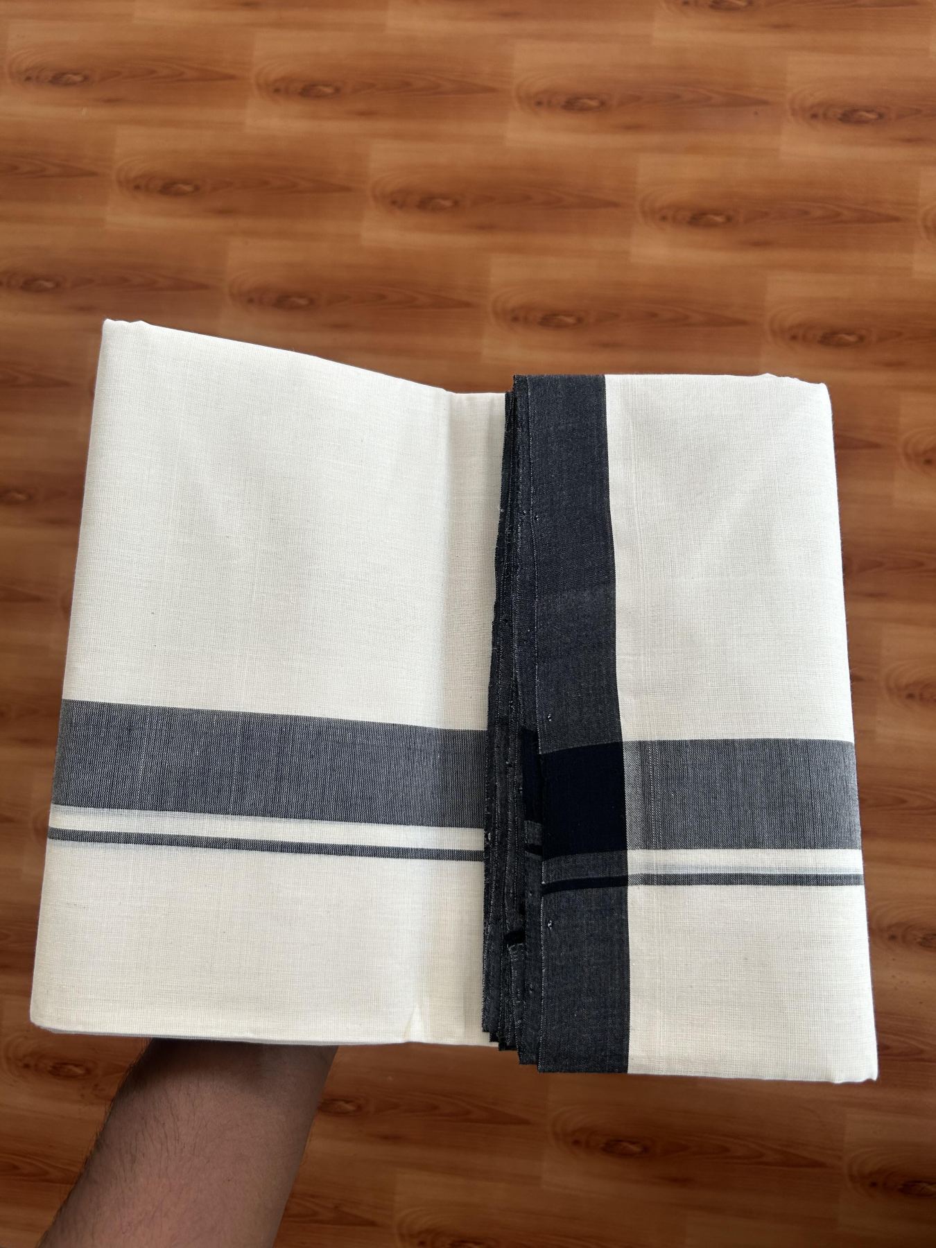 25% Discount! KaithariKada Handloom Millpaav - Kerala Handloom - Cotton Double Mundu/Dhoti Off white (Unbleached) - 80x90 - 1.25 inch Black Mulloth Kara - 22 KK5383 RAM