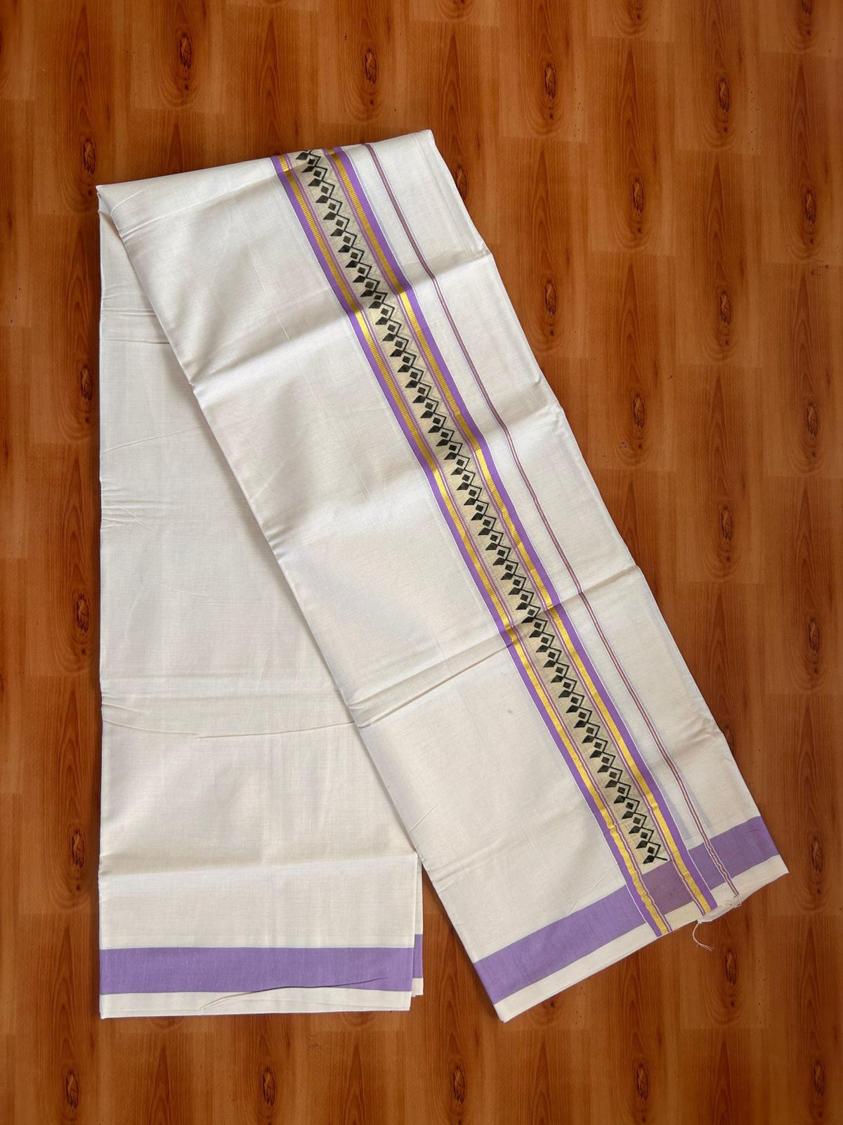Off White (Unbleached) Double Mund/Dhoti - 20% Discount ! KaithariKada Mixed Cotton - 80x72 - 2.25 inch Lavender & Gold Kasav Tissue Printed Design Kara 4 mtr (8.5 Muzham) - 30 KK5220 PMC