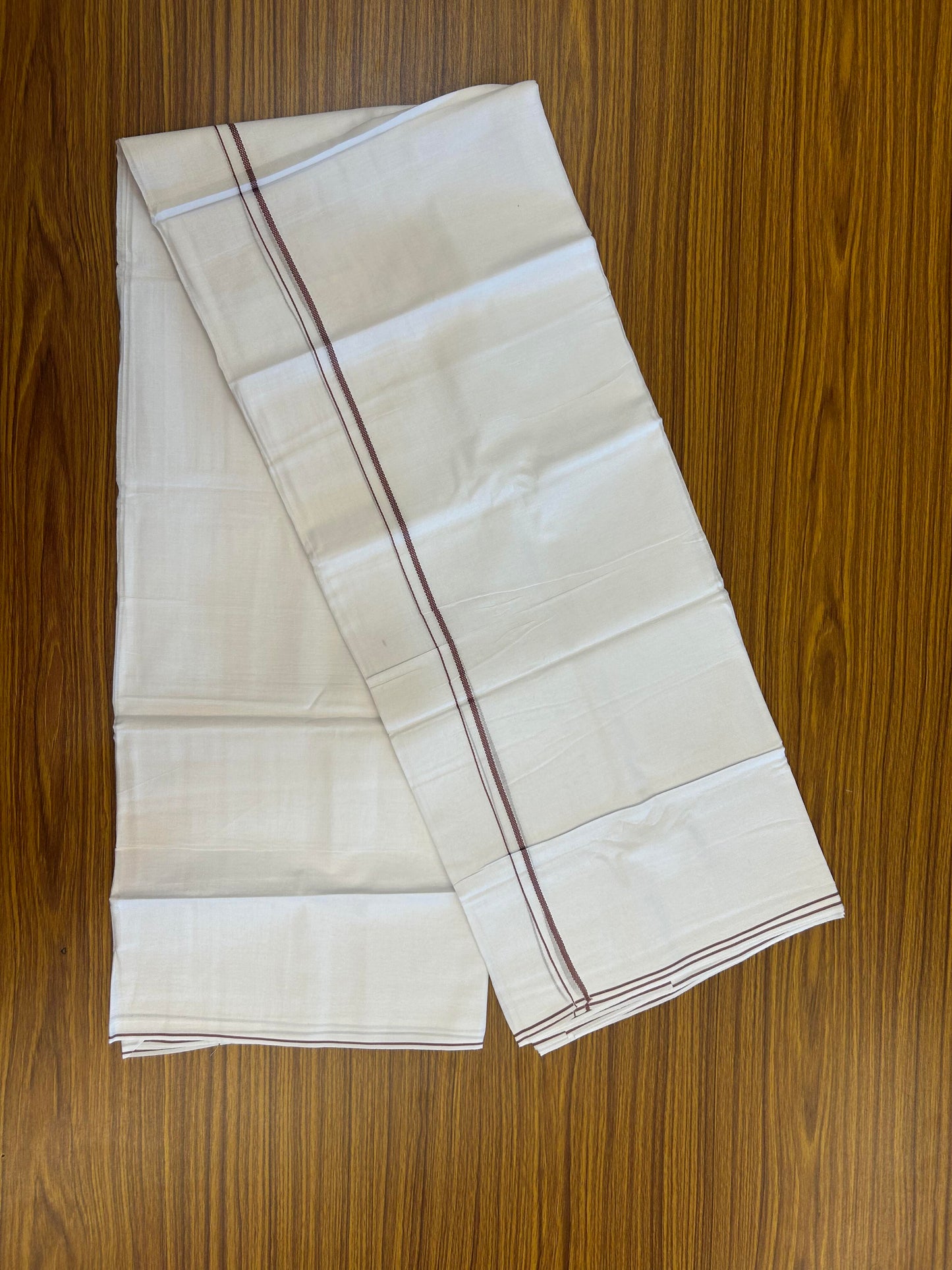 20% Discount!! New!! KaithariKada Balaramapuram 100% Cotton Pure White Double Mundu/Dhoti - (100x80)s - 0.25 inch Dusty Peach Kara  - 94 KK5363 VIN