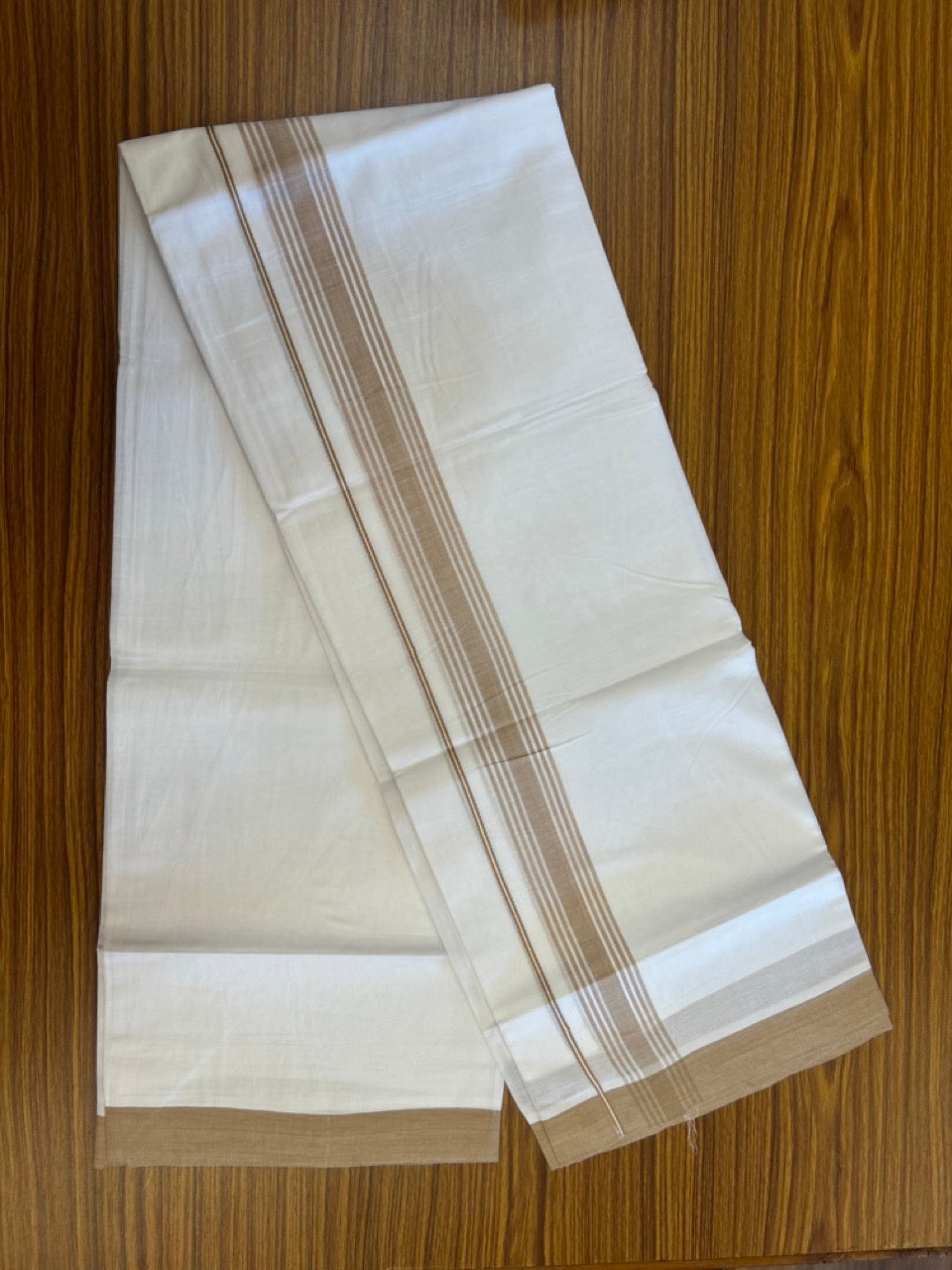 22% Discount ! Kaitharikada Balaramapuram 100% Cotton Pure White Double Mundu/Dothi - 60s - 1.5 inch Sand Brown Shaded Striped Kara 3.80 mtr (8 muzham) - 11 KK5306 THI