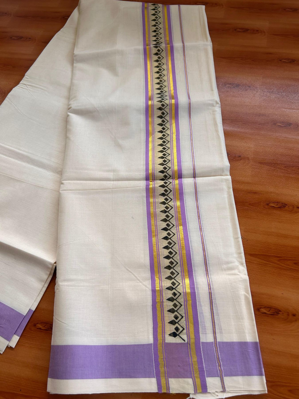 Off White (Unbleached) Double Mund/Dhoti - 20% Discount ! KaithariKada Mixed Cotton - 80x72 - 2.25 inch Lavender & Gold Kasav Tissue Printed Design Kara 4 mtr (8.5 Muzham) - 30 KK5220 PMC