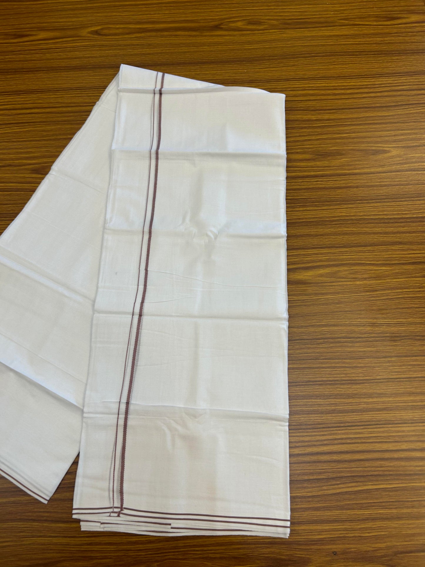 20% Discount!! New!! KaithariKada Balaramapuram 100% Cotton Pure White Double Mundu/Dhoti - (100x80)s - 0.25 inch Dusty Peach Kara  - 94 KK5363 VIN