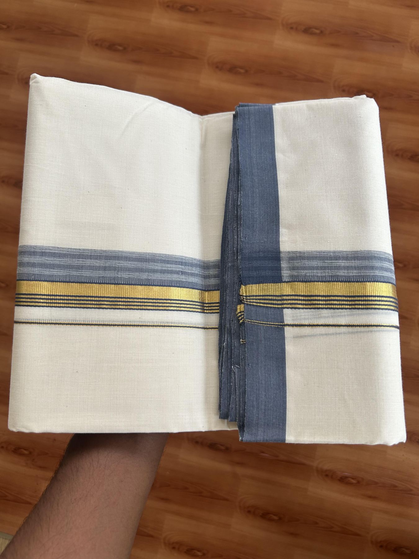 25% Discount! KaithariKada Handloom Millpaav - Kerala Handloom Cotton Double Mundu/Dhoti Off white (Unbleached) - 80x90 - 1.5 inch Gold Kasav & Ash Blue shaded Stripes Kara 3.60 meter (8 Muzham) - 3 KK5383 RAM