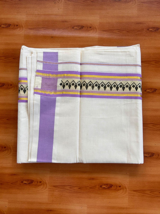 Off White (Unbleached) Double Mund/Dhoti - 20% Discount ! KaithariKada Mixed Cotton - 80x72 - 2.25 inch Lavender & Gold Kasav Tissue Printed Design Kara 4 mtr (8.5 Muzham) - 30 KK5520 PMC