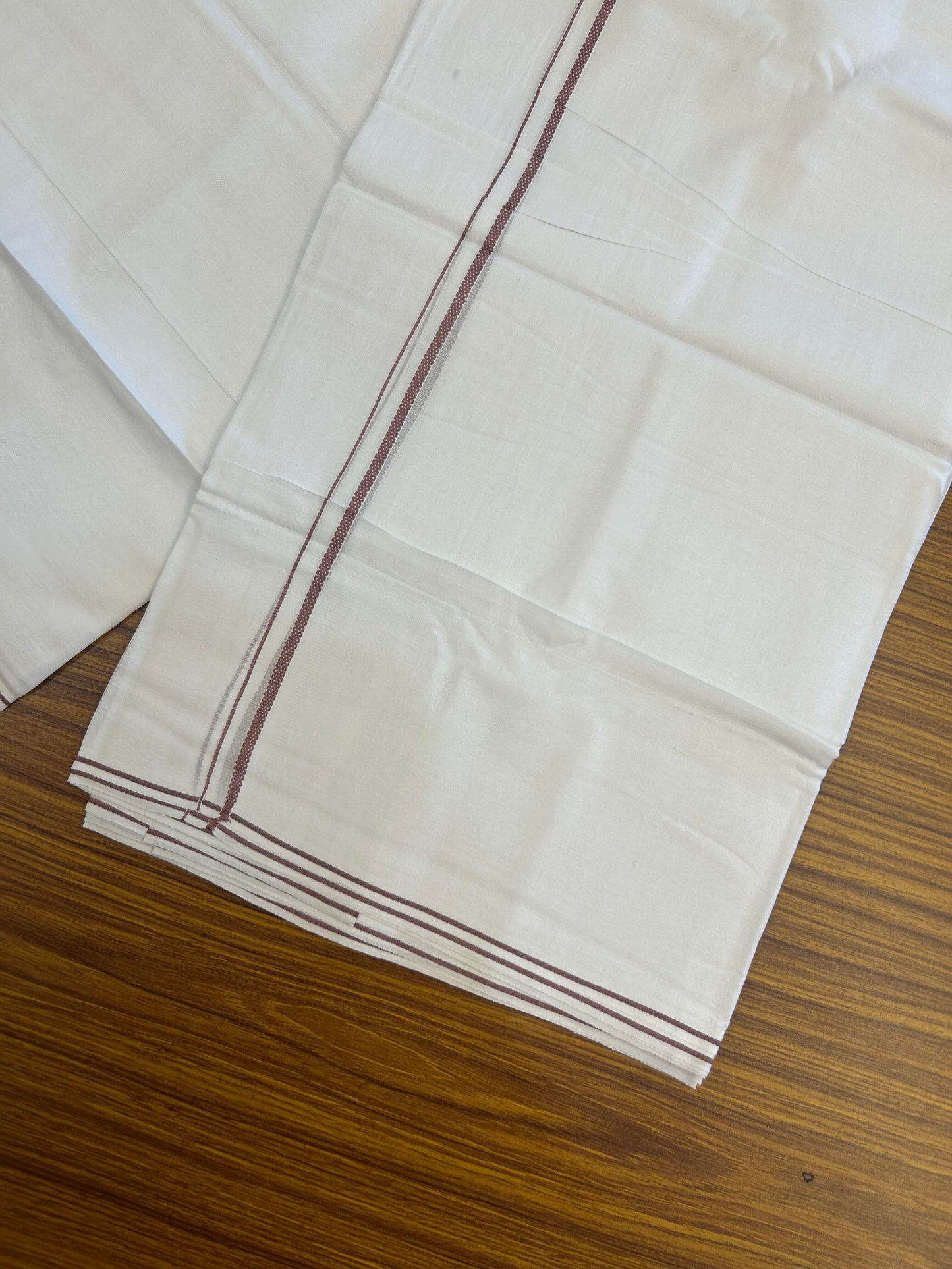 20% Discount!! New!! KaithariKada Balaramapuram 100% Cotton Pure White Double Mundu/Dhoti - (100x80)s - 0.25 inch Dusty Peach Kara  - 94 KK5363 VIN