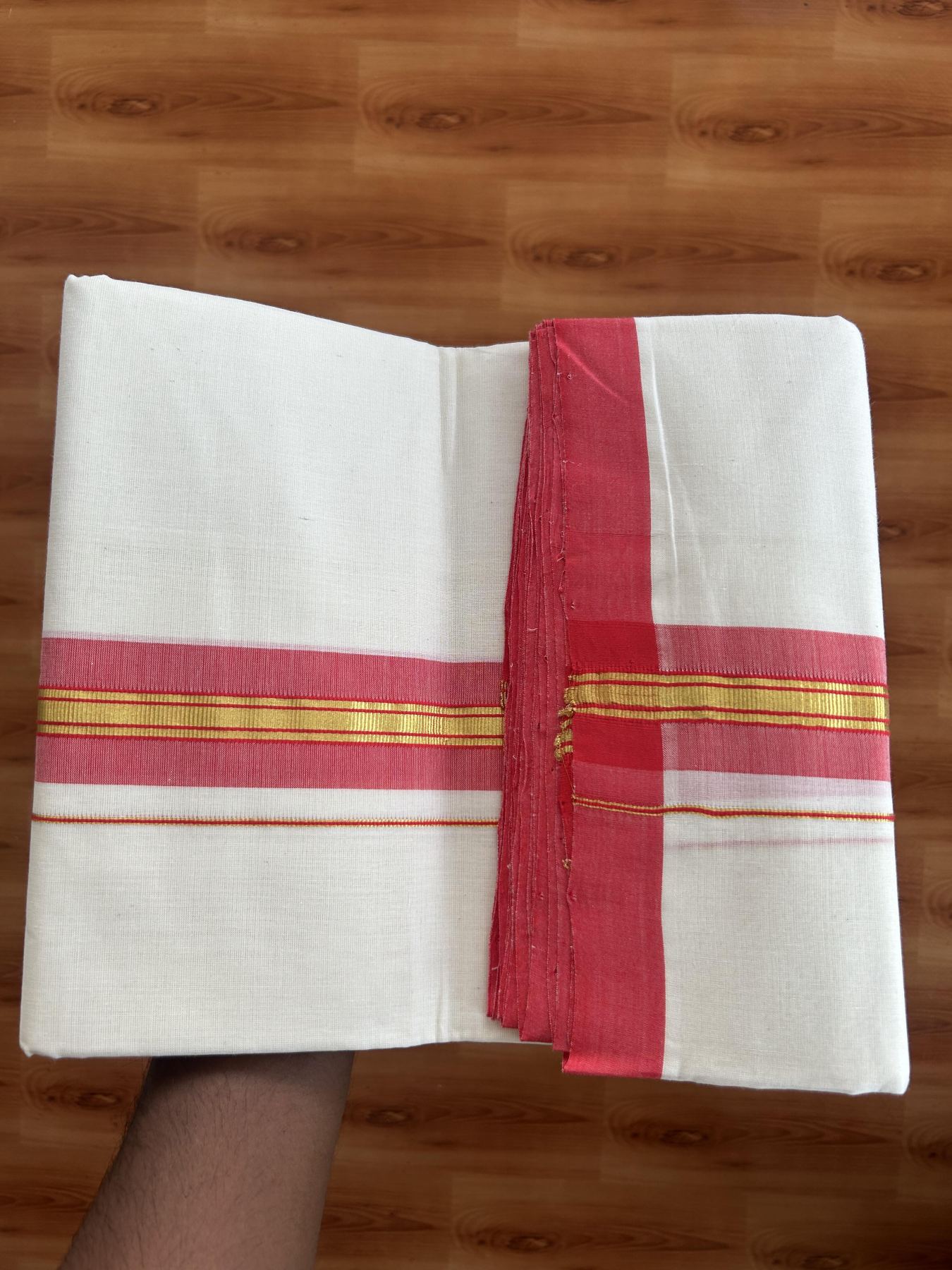 25% Discount! KaithariKada Handloom Millpaav - Kerala Handloom Cotton Double Mundu/Dhoti Off white (Unbleached) - 80x90 - 1.75 inch Gold Kasav & Bright Red shaded Stripes Kara 3.60 meter (8 Muzham) - 8 KK5383 RAM