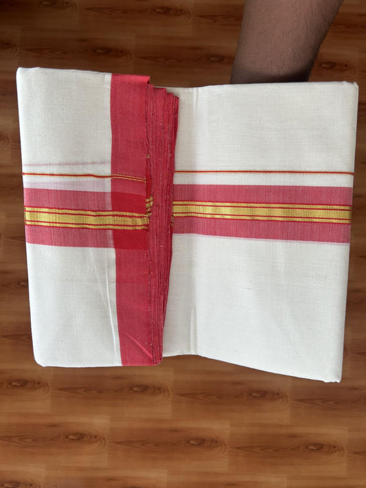 25% Discount! KaithariKada Handloom Millpaav - Kerala Handloom Cotton Double Mundu/Dhoti Off white (Unbleached) - 80x90 - 1.75 inch Gold Kasav & Bright Red shaded Stripes Kara 3.60 meter (8 Muzham) - 8 KK5383 RAM