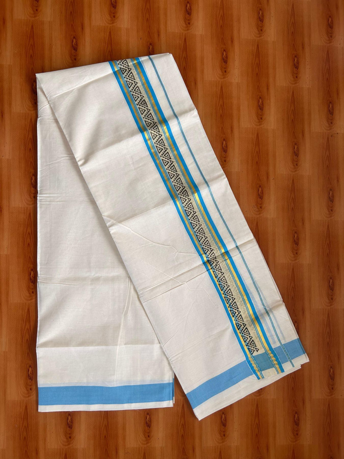 Off White (Unbleached) Double Mund/Dhoti - 20% Discount ! KaithariKada Mixed Cotton - 80x72 - 2.25 inch Light Blue & Gold Kasav Tissue Printed Design Kara 4 mtr (8.5 Muzham) - 34 KK5220 PMC