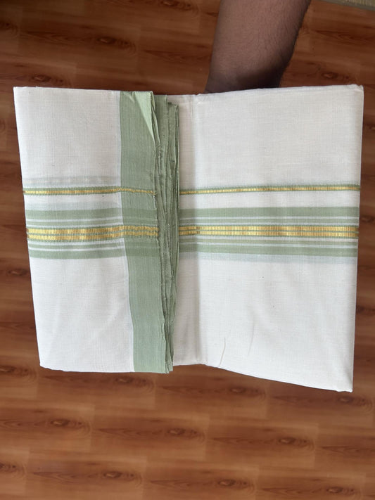 25% Discount! KaithariKada Handloom Millpaav - Kerala Handloom Cotton Double Mundu/Dhoti Off white (Unbleached) - 80x90 - 1.5 inch Gold Kasav & Pista Green Shaded Stripes Kara 3.60 meter (8 Muzham) - 9 KK5383 RAM