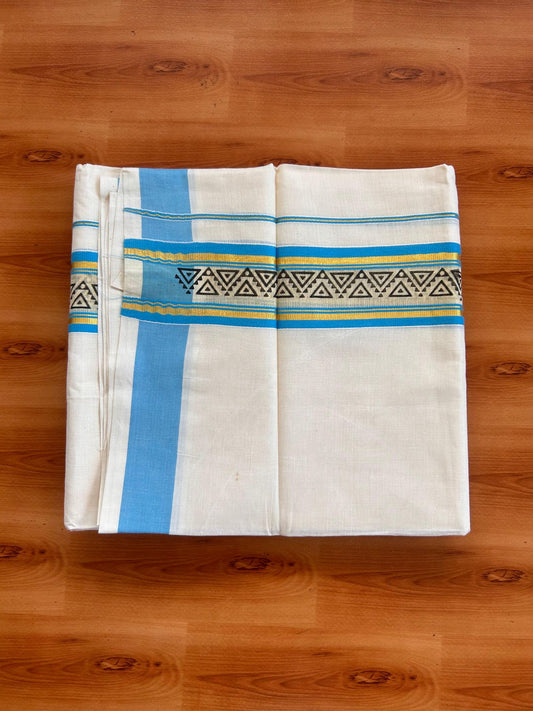 Off White (Unbleached) Double Mund/Dhoti - 20% Discount ! KaithariKada Mixed Cotton - 80x72 - 2.25 inch Light Blue & Gold Kasav Tissue Printed Design Kara 4 mtr (8.5 Muzham) - 34 KK5520 PMC