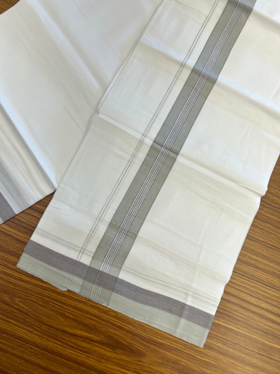 20% Discount! KaithariKada Balaramapuram 100% Cotton Double Pure white Mundu/Dhoti- 100X80 - 1.5 inch Brown & Mint Green striped Shaded kara - 3.90mtr ( 8 muzham) - 12 KK5306 VIN