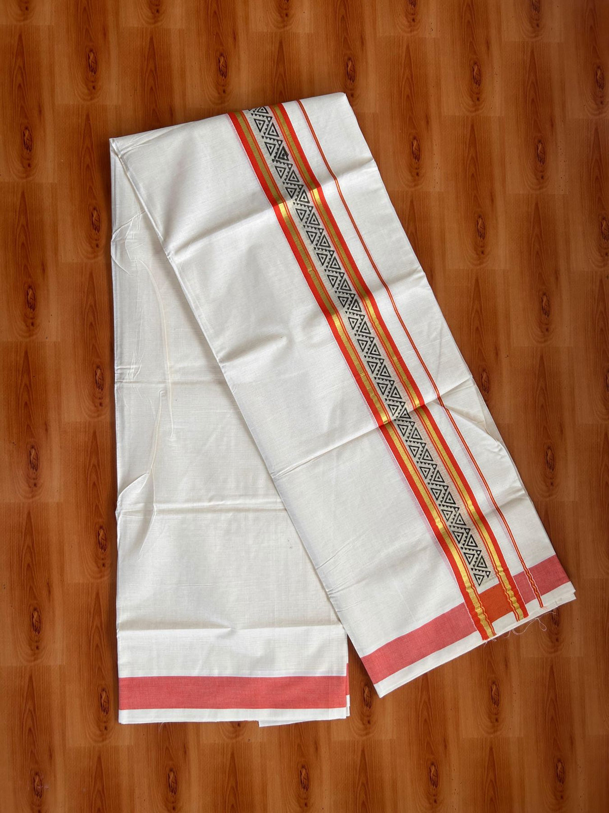 Off White (Unbleached) Double Mund/Dhoti - 20% Discount ! KaithariKada Mixed Cotton - 80x72 - 2.25 inch Orange Peach & Gold Kasav Tissue Printed Design Kara 4 mtr (8.5 Muzham) - 33 KK5220 PMC