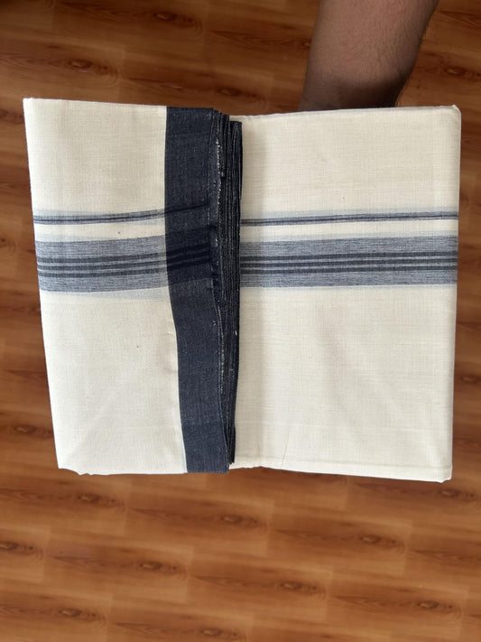 25% Discount! KaithariKada Handloom Millpaav - Kerala Handloom - Cotton Double Mundu/Dhoti Off white (Unbleached) - 80x90 - 1.25 inch Navy Blue Shaded Stripes Kara 3.60 meter (8 Muzham) - 13 KK5383 RAM