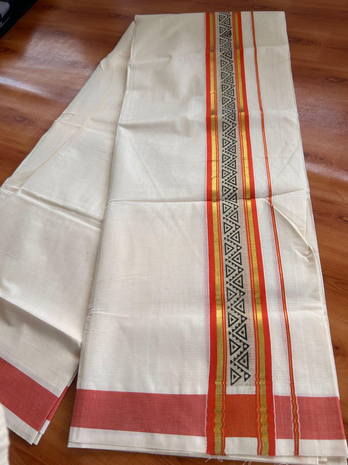 Off White (Unbleached) Double Mund/Dhoti - 20% Discount ! KaithariKada Mixed Cotton - 80x72 - 2.25 inch Orange Peach & Gold Kasav Tissue Printed Design Kara 4 mtr (8.5 Muzham) - 33 KK5220 PMC
