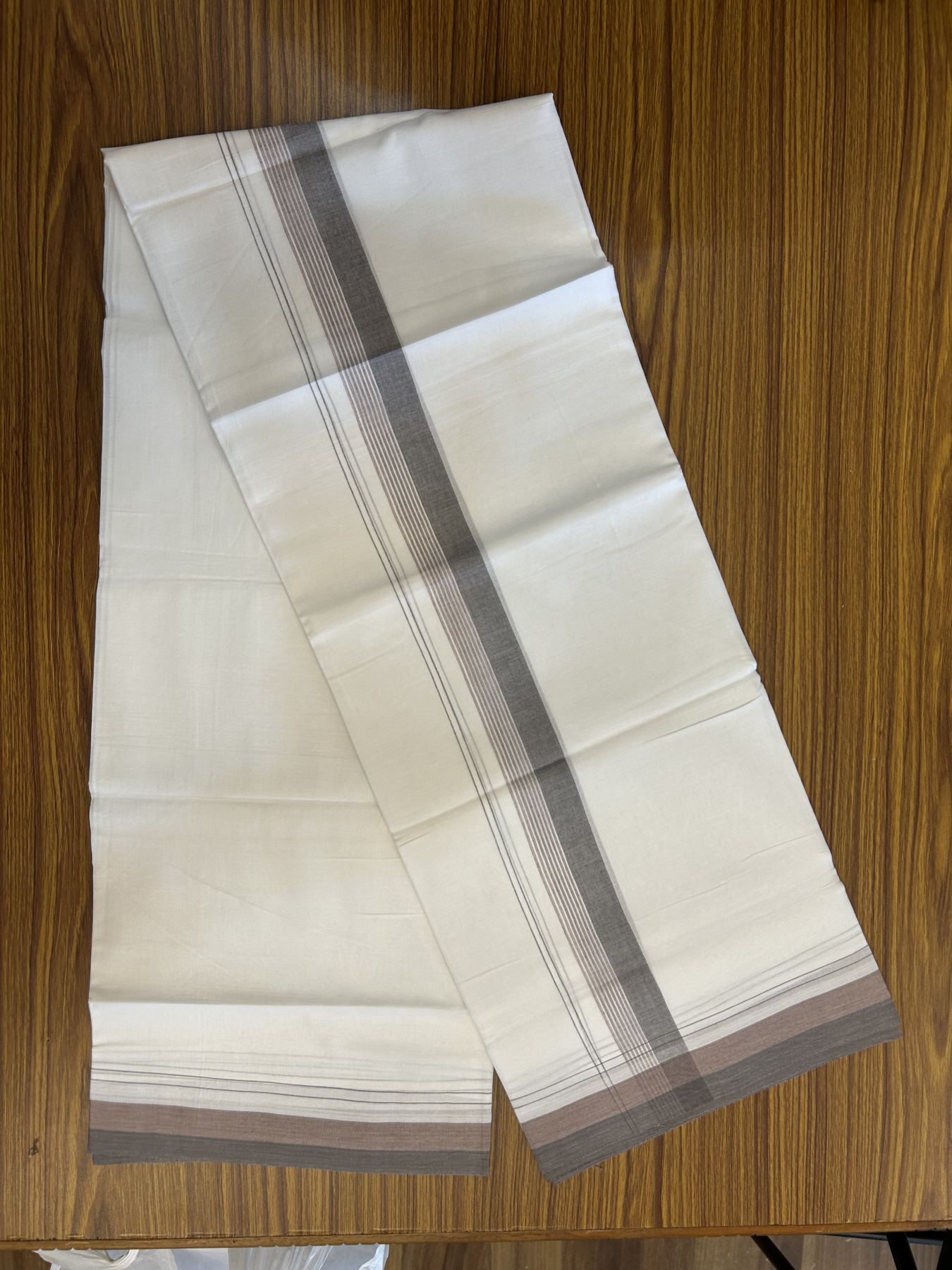 20% Discount! KaithariKada Balaramapuram 100% Cotton Double Pure white Mundu/Dhoti- 100X80 - 1.5 inch Brown & Dusty Rose kara - 4 mtr ( 8.5 muzham) - 7 KK5341 VIN