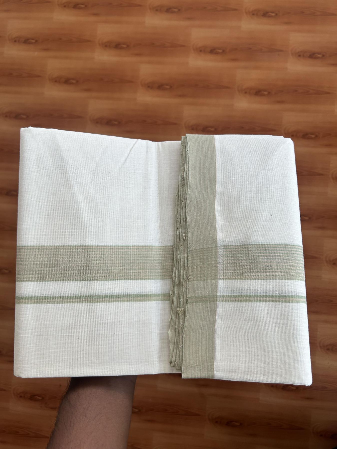 25% Discount! KaithariKada Handloom Millpaav - Kerala Handloom - Cotton Double Mundu/Dhoti Off white (Unbleached) - 80x90 - 1.5 inch Light Peach & Pista Green Shaded Stripes Kara 3.60 meter (8 Muzham) - 16 KK5383 RAM