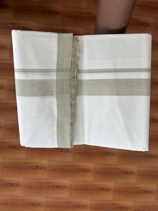 25% Discount! KaithariKada Handloom Millpaav - Kerala Handloom - Cotton Double Mundu/Dhoti Off white (Unbleached) - 80x90 - 1.5 inch Light Peach & Pista Green Shaded Stripes Kara 3.60 meter (8 Muzham) - 16 KK5383 RAM