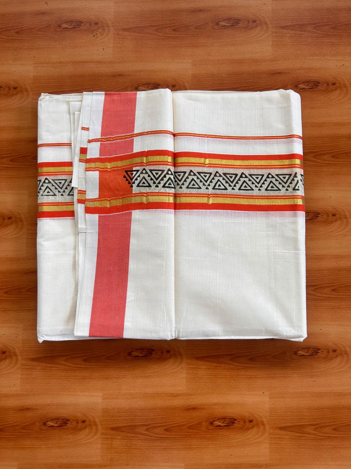 Off White (Unbleached) Double Mund/Dhoti - 20% Discount ! KaithariKada Mixed Cotton - 80x72 - 2.25 inch Orange Peach & Gold Kasav Tissue Printed Design Kara 4 mtr (8.5 Muzham) - 33 KK5220 PMC