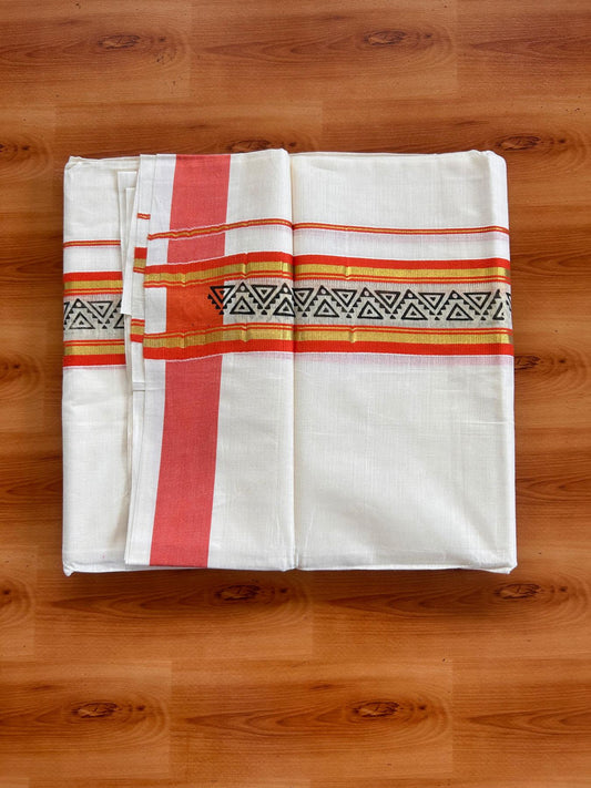 Off White (Unbleached) Double Mund/Dhoti - 20% Discount ! KaithariKada Mixed Cotton - 80x72 - 2.25 inch Orange Peach & Gold Kasav Tissue Printed Design Kara 4 mtr (8.5 Muzham) - 33 KK5520 PMC