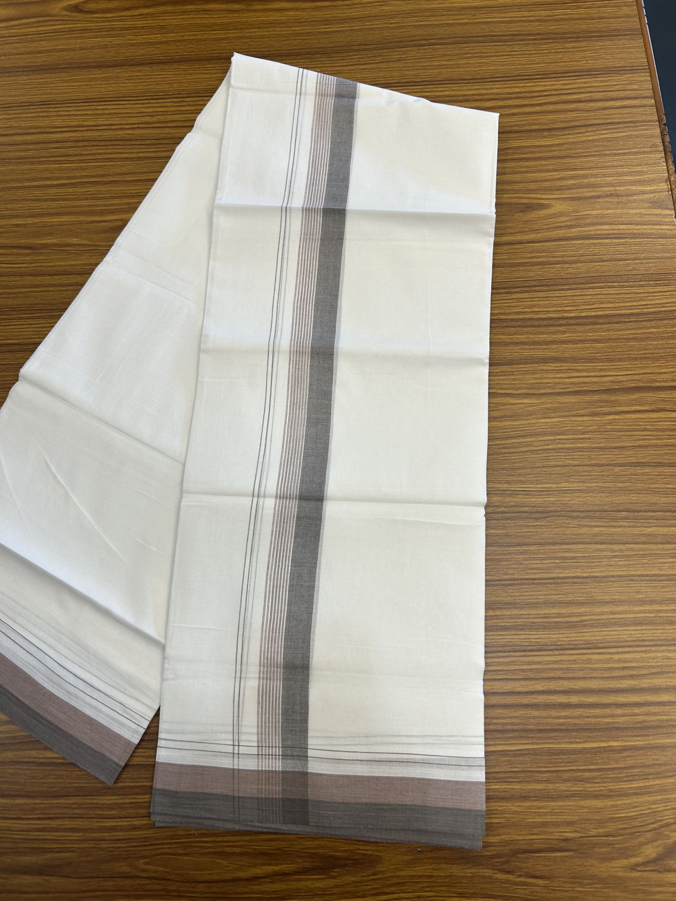 20% Discount! KaithariKada Balaramapuram 100% Cotton Double Pure white Mundu/Dhoti- 100X80 - 1.5 inch Brown & Dusty Rose kara - 4 mtr ( 8.5 muzham) - 7 KK5341 VIN